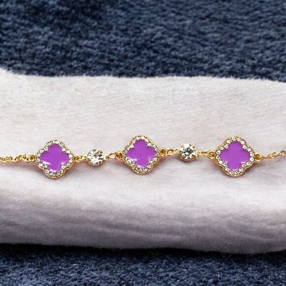 Elegant Purple Clover Rhinestone Gold Tone Bracelet - Picture 2 of 4